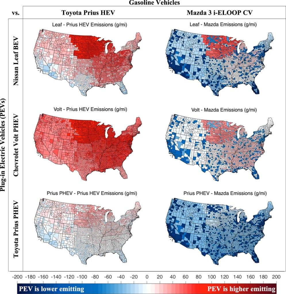 map comparing lifecycle emissions of some electric vehicles and some gasoline vehicles for different parts of the United States